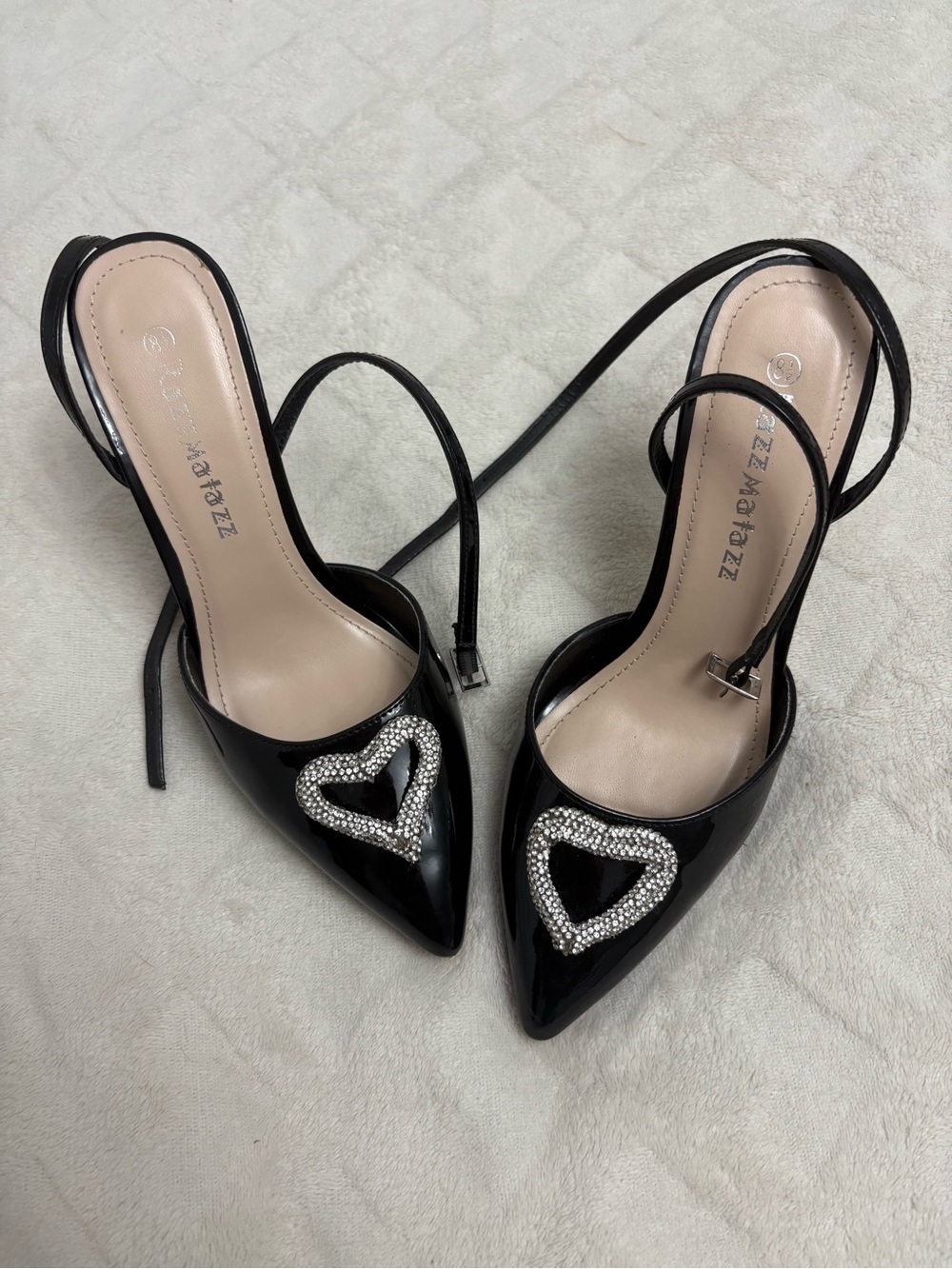 Bejeweled Heart Pointed Toe Black Heels